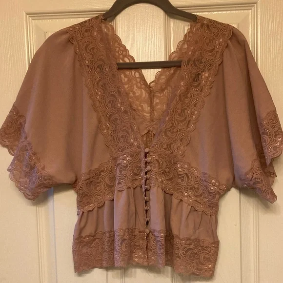 Camel Color Camisole with Lace Accents by PaperMoon - Picture 2 of 6